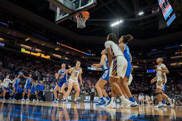 Duke Blue Devils guard Ashlon Jackson (3) watches her game-winning basket over the Louisiana State University Tigers during the NCAA Women’s Basketball Tournament Sweet 16 game at Golden 1 Center in Sacramento on Friday.